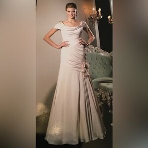New Pale Pink Couture Satin Faced Chiffon Ruched Mermaid Gown with Floral Detail
